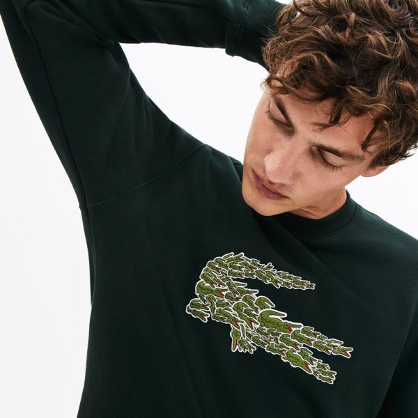 Lacoste Erkek Sweatshirt Ankara - Lacoste Crewneck Croco Magic Logo Fleece  Sweatshirt Yeşil